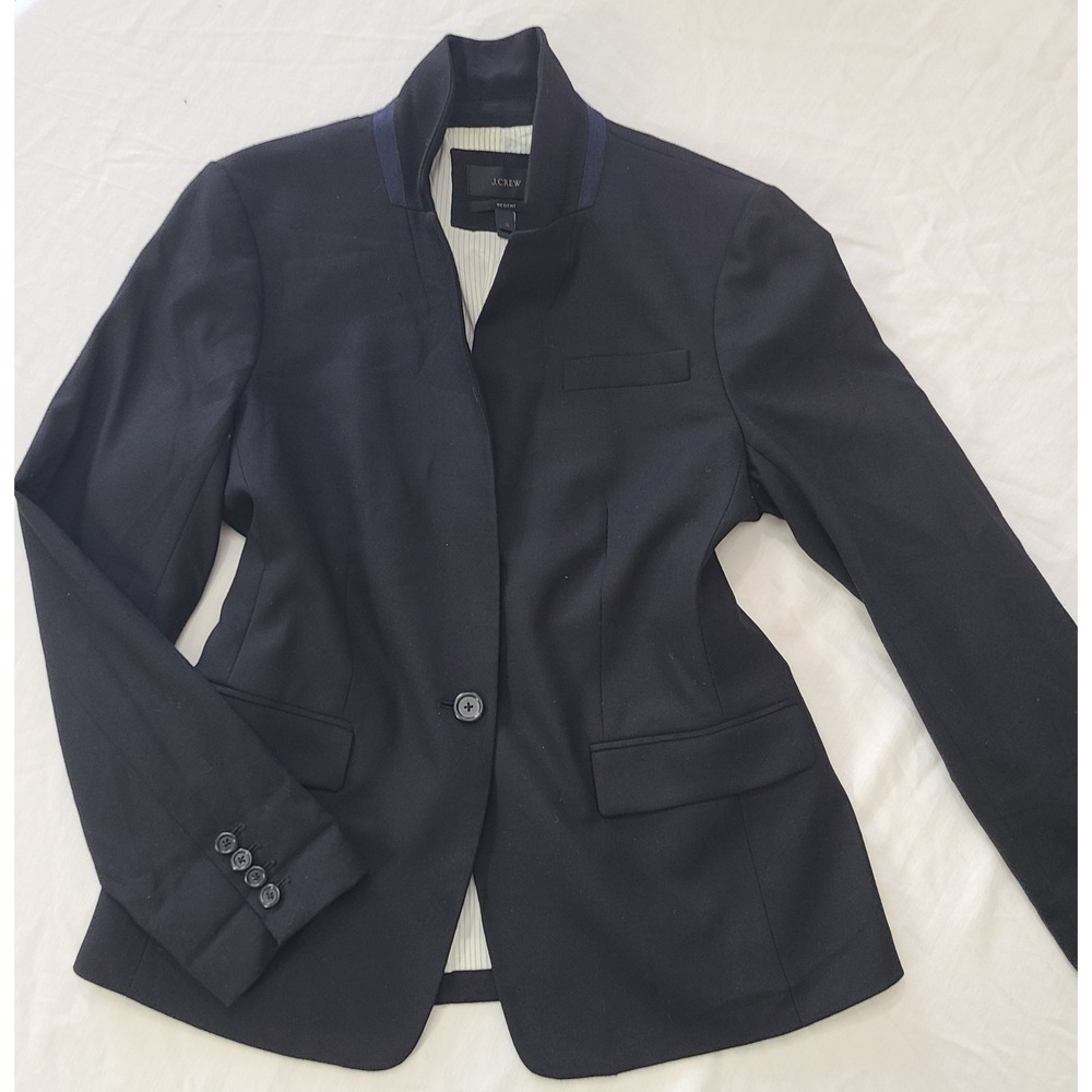 J.Crew Regent Blazer Women 12 Navy Blue Good Wool Blend Standing Collar Tailored